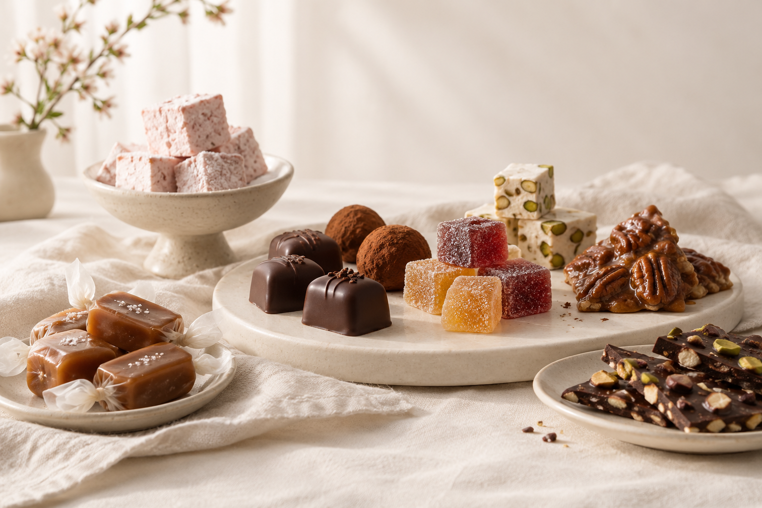 AI concept of an assortment of handmade-style chocolate, fruit and caramel confections